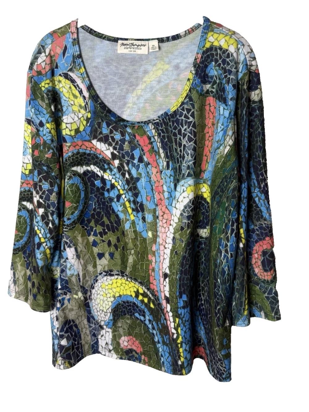 Norm Thompson Top Size XL Colorful Mosaic Print 3/4 Sleeves Stretch Scoop Neck